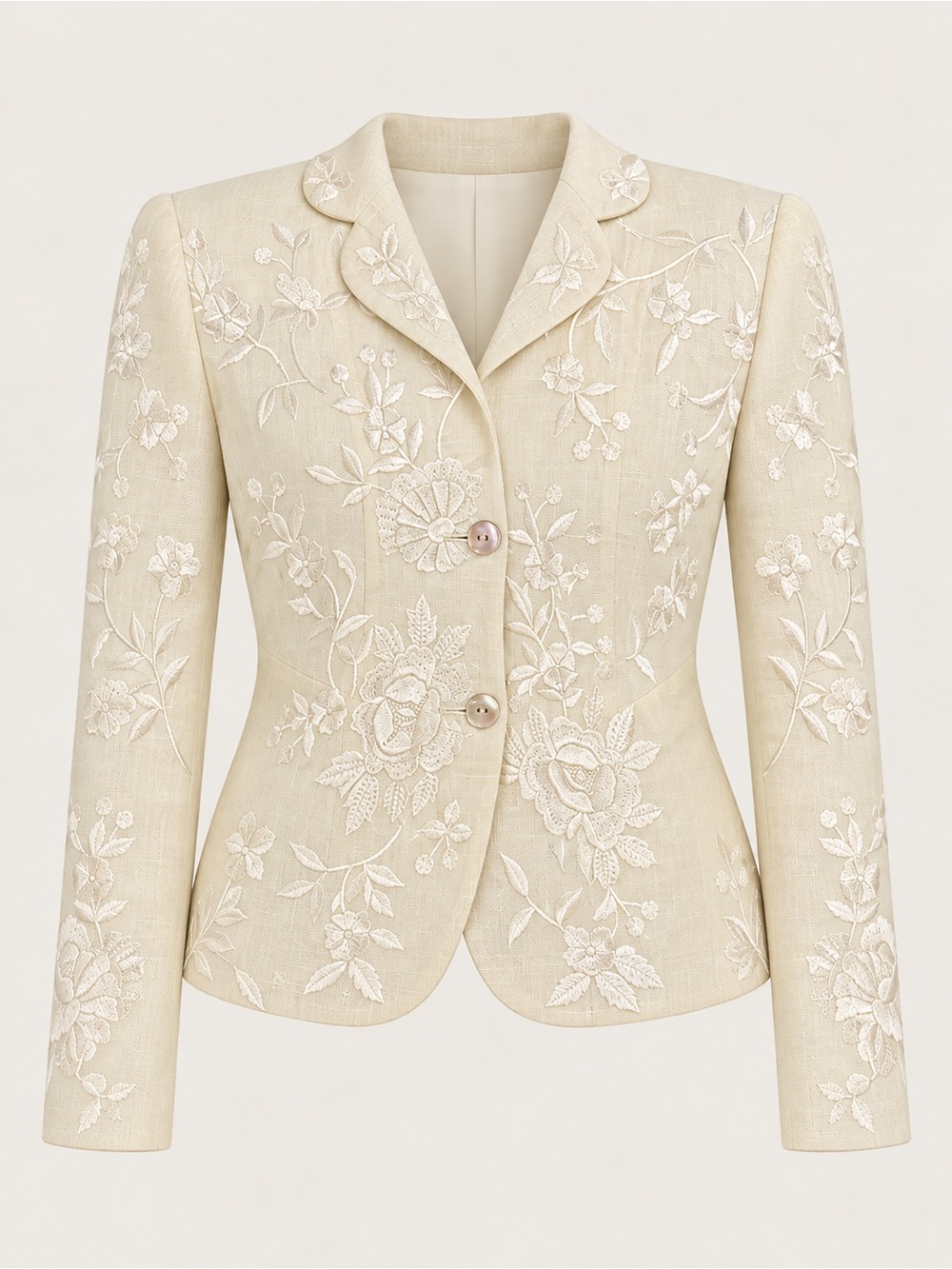 Spiegal Ivory Floral Embroidered Linen Blazer Jacket Size 4